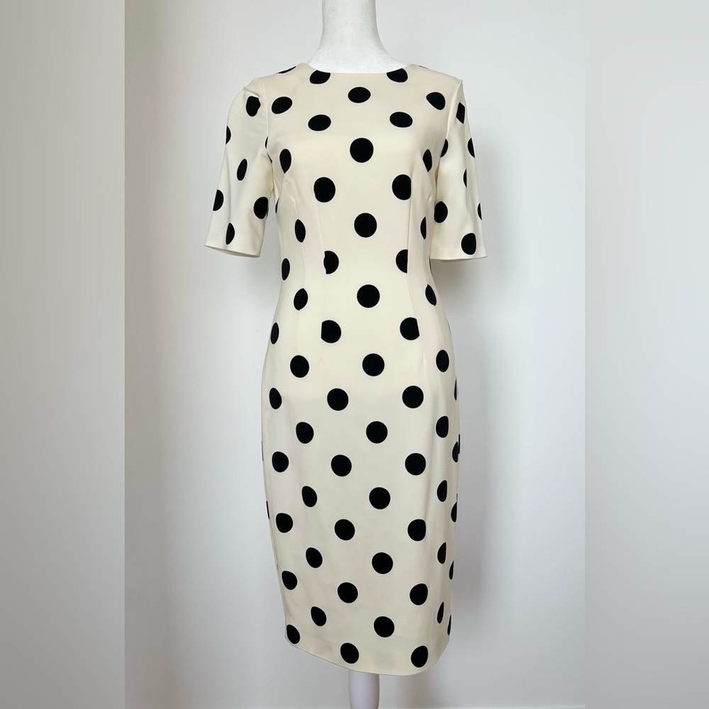 Ivory and Black Polka Dot Sheath Midi Dress with Crew Neck
